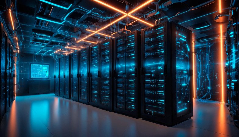 A data hall in perspective, lit along its length
